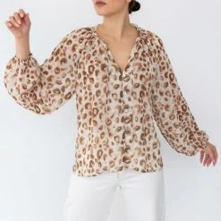 Among The Brave Breath Of Fresh Air Natural Animal LS Puff Sleeve Button Front Top