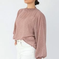 Among The Brave Embrace Rose Ditsy Leaf LS High Neck Shirred Top Fashion