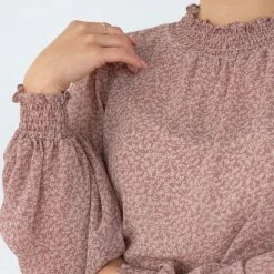 Among The Brave Embrace Rose Ditsy Leaf LS High Neck Shirred Top Fashion