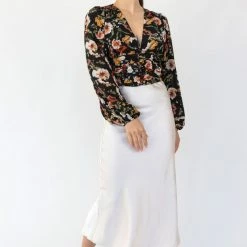 Among The Brave Fashion Reign Large Black Floral LS Balloon Sleeve Plunge Button Front Crop Top