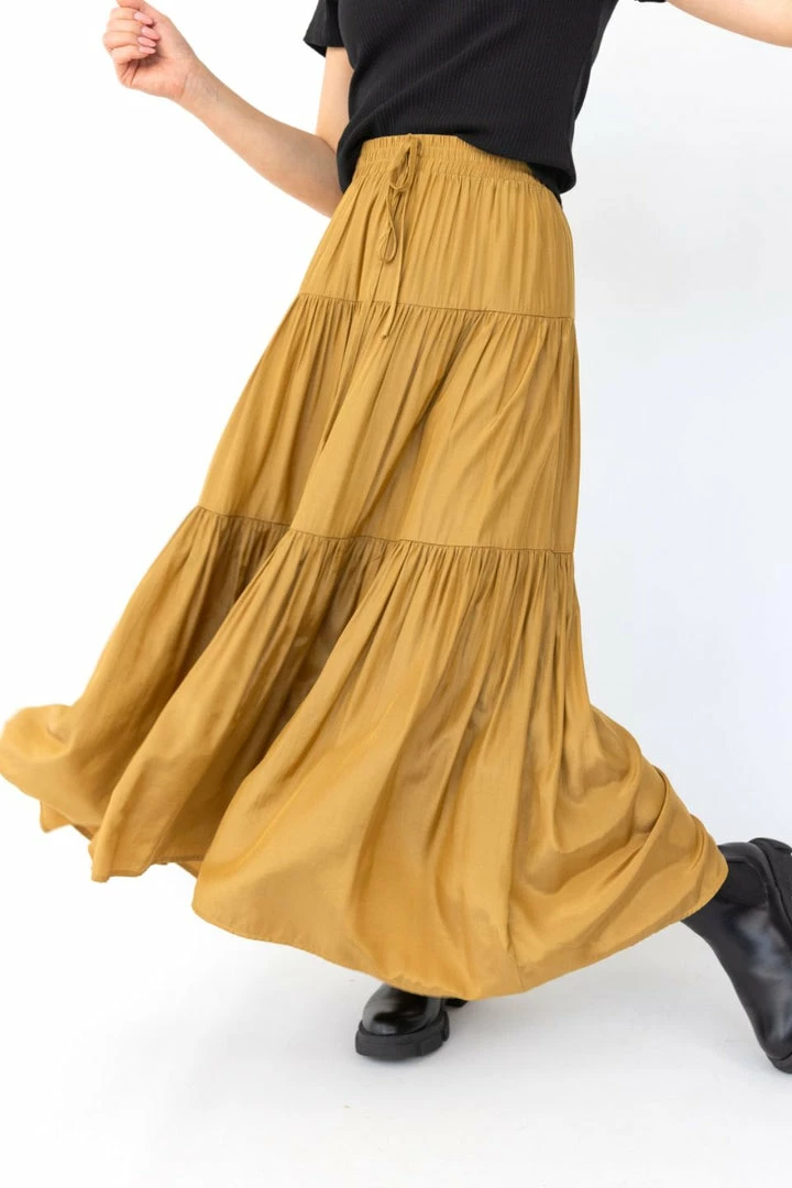 Among The Brave Sensational Gold Tiered Satin Tie Waist Maxi Skirt Fashion