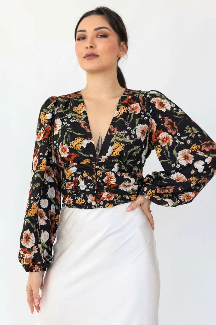 Among The Brave Fashion Reign Large Black Floral LS Balloon Sleeve Plunge Button Front Crop Top
