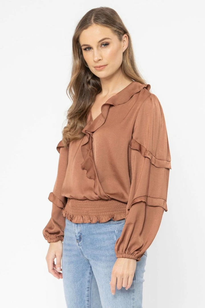 Seeking Lola Plentiful Rust Satin Frill V Neck LS Top Fashion