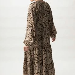 Among The Brave Aida Natural Animal LS Puff Sleeve Button Front Tiered Maxi Dress Fashion