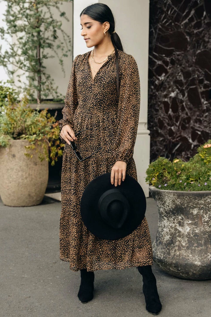 Ivy + Jack Kendall Black Leopard Blouson LS V Neck Tiered Midi Dress Fashion