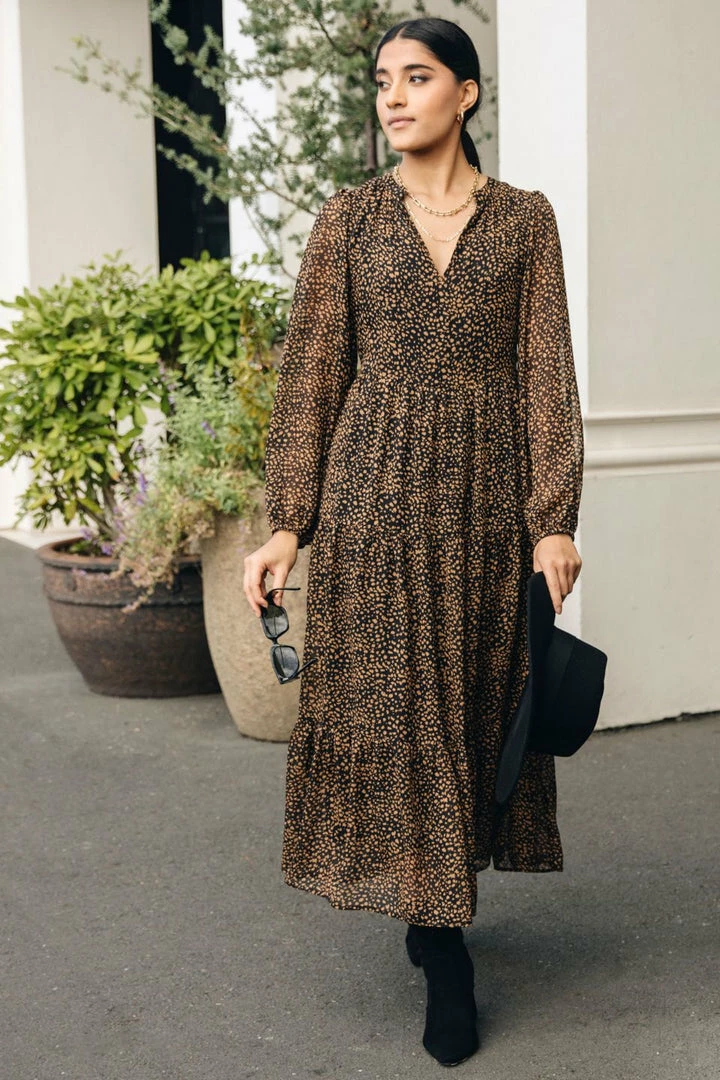 Ivy + Jack Kendall Black Leopard Blouson LS V Neck Tiered Midi Dress Fashion