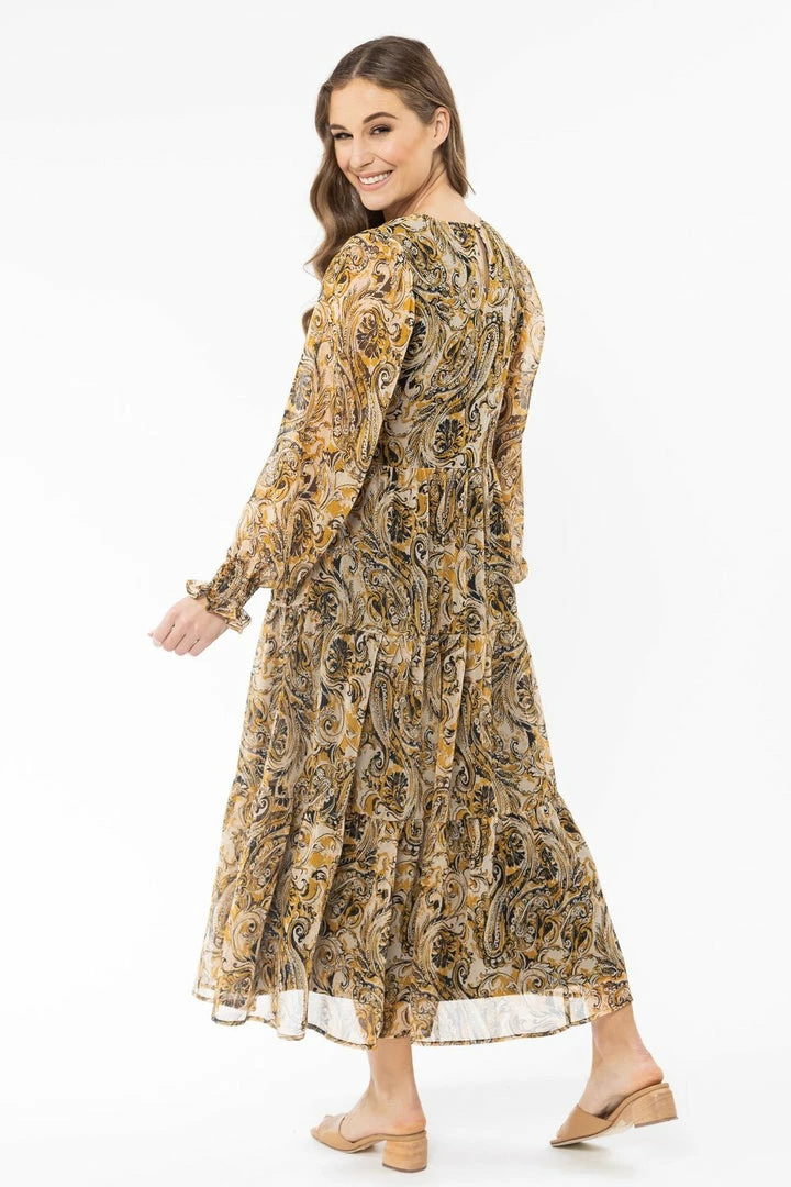 Seeking Lola Day Dream Golden Paisley LS Tiered Midi Dress Fashion