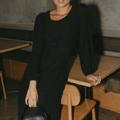 Among The Brave New Moon Black Shimmer LS Puff Sleeve Ring Midi Dress