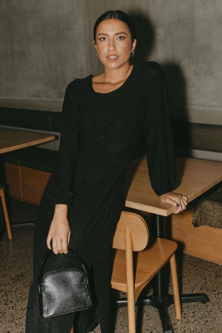 Among The Brave New Moon Black Shimmer LS Puff Sleeve Ring Midi Dress