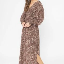 Billie The Label Skilful Brown Floral Shirred Waist LS Maxi Dress