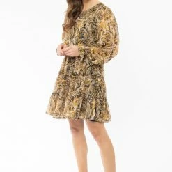 Seeking Lola Claire Golden Paisley LS Tiered Mini Dress Fashion