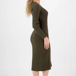 Ivy + Jack Fashion Dynamic Khaki Marle LS Rib Knit Crew Neck Midi Dress