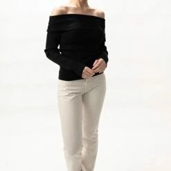 Among The Brave Fashion Sasha Black Off Shoulder Rib Knit Top