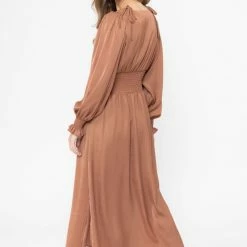 Billie The Label Skilful Rust Satin Shirred Waist LS Maxi Dress