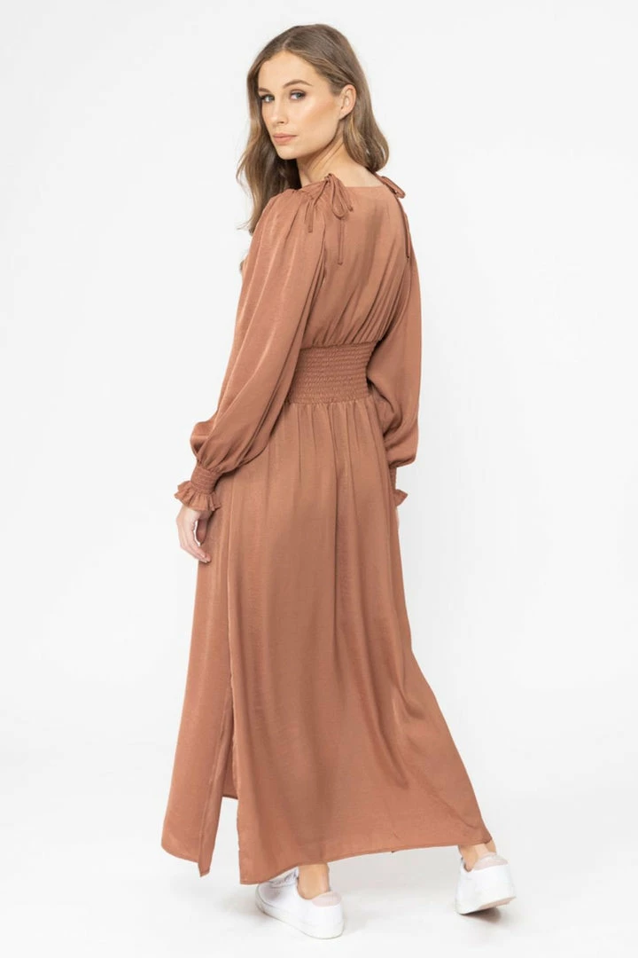 Billie The Label Skilful Rust Satin Shirred Waist LS Maxi Dress