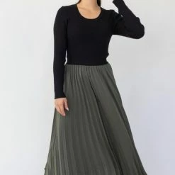 Ivy + Jack Fashion Radiant Khaki Washer Satin Pleated Midi Skirt