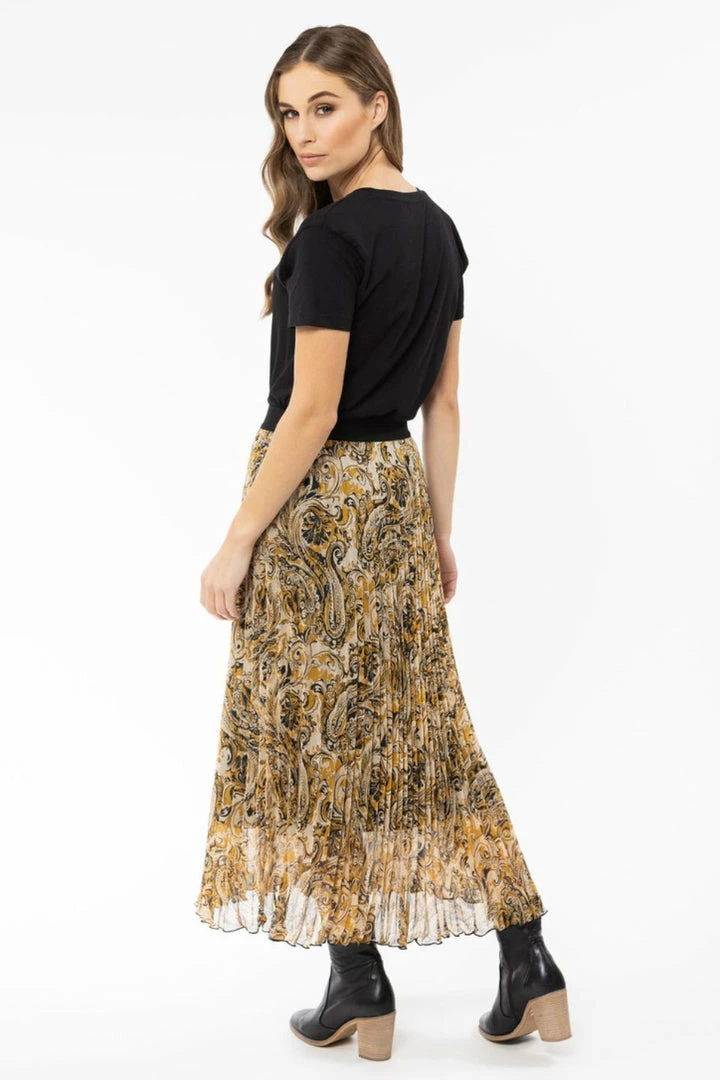Billie The Label Sunray Golden Paisley Pleated Midi Skirt Fashion