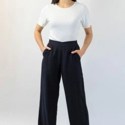Among The Brave Effortless Black Viscose Deep Band Wide Leg Pant