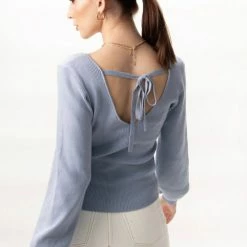 Among The Brave Home Coming Soft Blue Tie Back V Neck Balloon Sleeve Knit Top