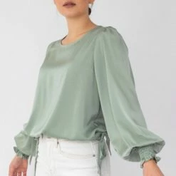 Among The Brave Fashion Violet Sea Foam LS Shirred Cuff Tie Hem Satin Top