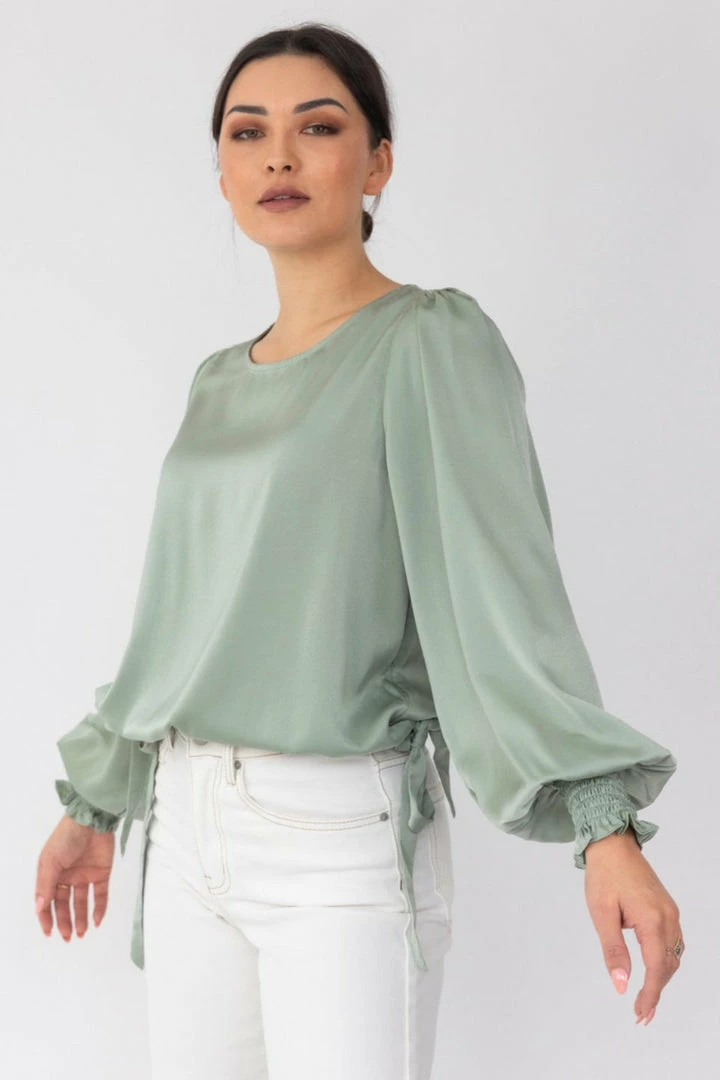 Among The Brave Fashion Violet Sea Foam LS Shirred Cuff Tie Hem Satin Top