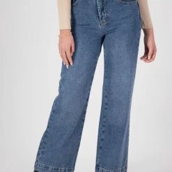 Among The Brave Fashion Sail Away Mid Blue Front Pocket Wide Leg Denim Jean