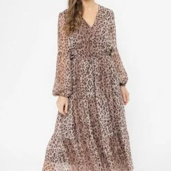 Seeking Lola Fashion Santa Maria Rust Leopard LS Tiered Midi Dress