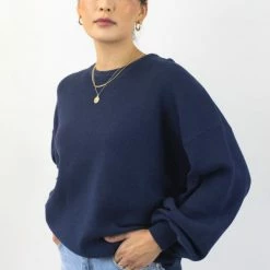 Among The Brave Carefree Navy Slouchy Puff Sleeve Knit Fashion