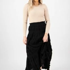 Ivy + Jack Charming Black Cotton Shirred Waist Tiered Maxi Skirt