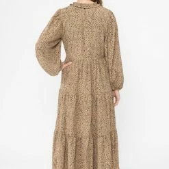 Seeking Lola Composed Tan Leopard Mid Sleeve Frill V Neck Tiered Midi Dress Fashion