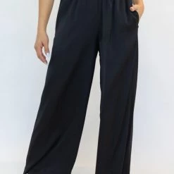 Among The Brave Super Luxe Black Elastic Waist Wide Leg Satin Pant Fashion