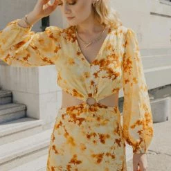 Ivy + Jack Skyler Marigold Floral LS V Neck Waist Cut Out Maxi Dress