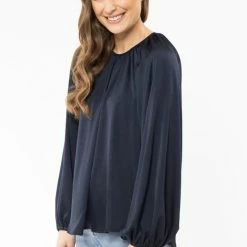 Seeking Lola United Navy Satin LS Blouse