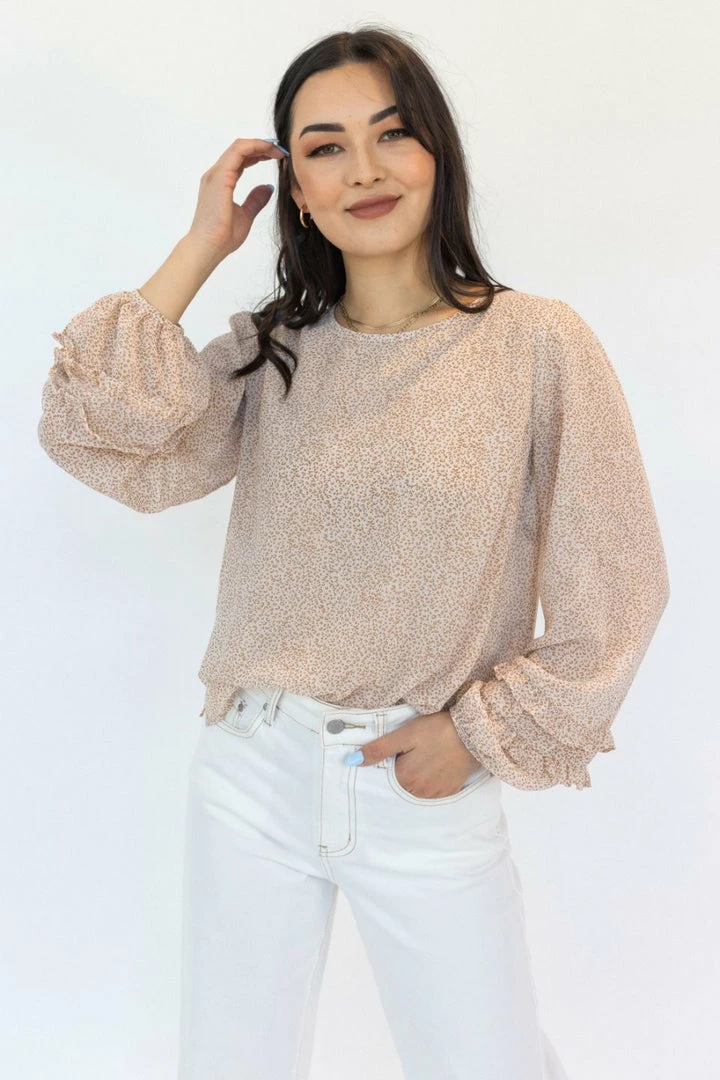 Among The Brave Ava Cream Ditsy Animal Double Ruffle Puff Sleeve Top