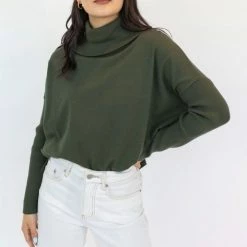 Among The Brave Vital Dark Khaki Soft Fine Gauge Relaxed Roll Neck Knit Fashion