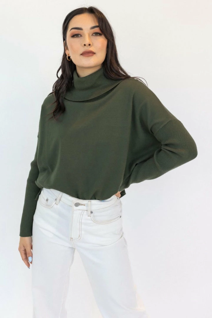 Among The Brave Vital Dark Khaki Soft Fine Gauge Relaxed Roll Neck Knit Fashion