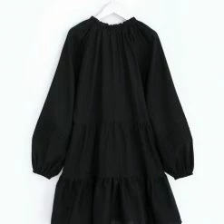 Among The Brave Fashion Zodiac Black Linen LS Pin Tuck Balloon Sleeve Tiered Mini Dress