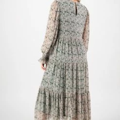 Ivy + Jack Effortless Emerald Leaf Blouson LS Maxi Tiered Dress Fashion