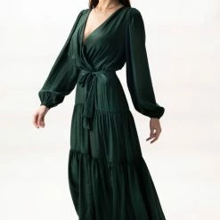 Among The Brave Twilight Forest LS Tiered Satin Maxi Dress Fashion