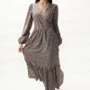 Among The Brave Fashion Ocean Black Ditsy Floral LS Balloon Sleeve Wrap Tiered Midi Dress