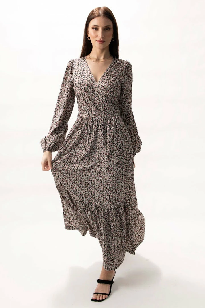 Among The Brave Fashion Ocean Black Ditsy Floral LS Balloon Sleeve Wrap Tiered Midi Dress