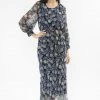 Leila + Luca Whimsical Navy Bloom Tie Waist LS Maxi Dress