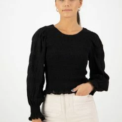 Ivy + Jack Fashion Lila Black Shirred Cotton LS Shirred Bodice Top