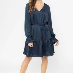 Billie The Label Jessica Navy Satin Drop Waist Mid Sleeve Mini Dress