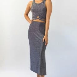 Among The Brave Interstellar Silver Shimmer High Split Midi Skirt