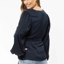 Billie The Label Big Love Navy Satin LS V Neck Tie Waist Top