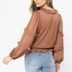 Seeking Lola Plentiful Rust Satin Frill V Neck LS Top Fashion