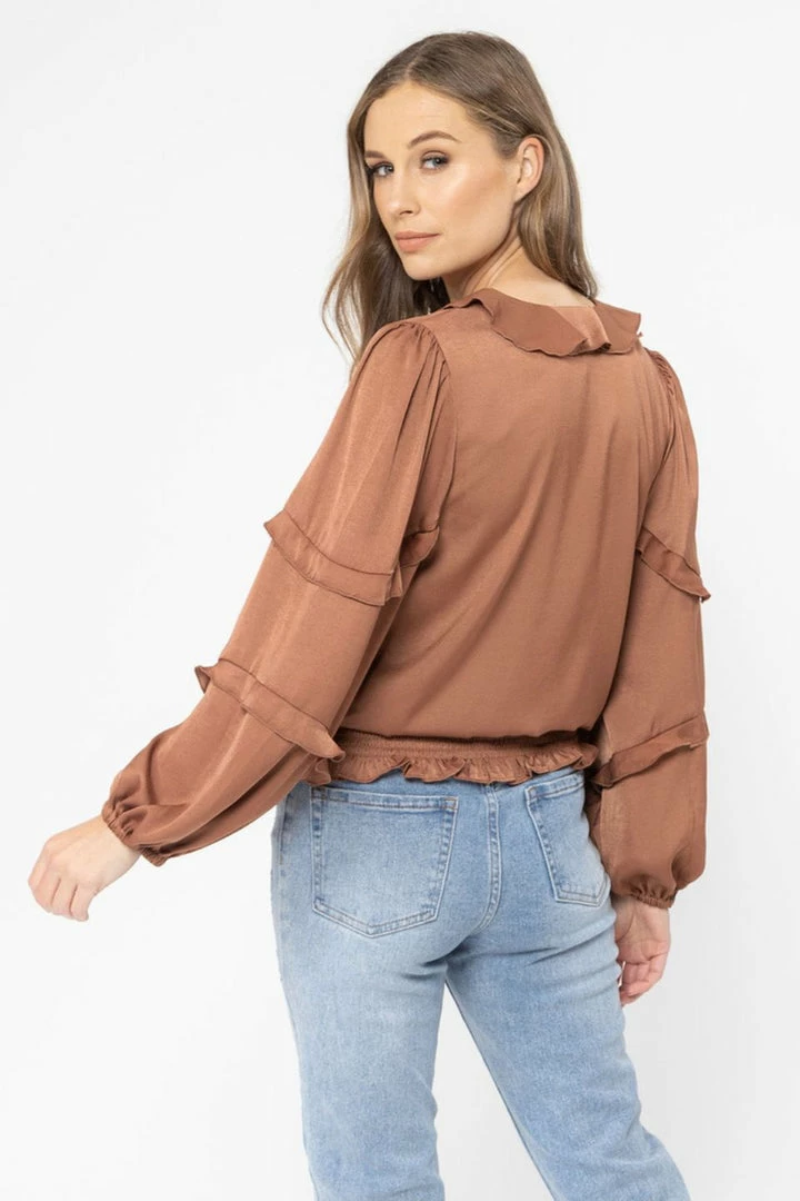 Seeking Lola Plentiful Rust Satin Frill V Neck LS Top Fashion