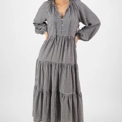 Among The Brave Aida Black Gingham LS Puff Sleeve Button Front Tiered Maxi Dress