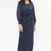 Leila + Luca Fashion Whimsical Navy Satin Tie Waist LS Maxi Dress